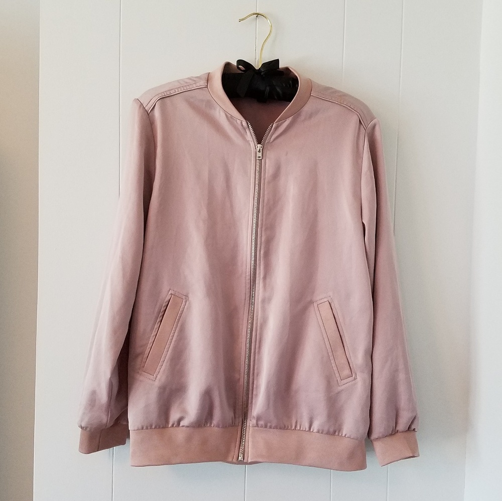SOLD{Topshop} Pink Satin Bomber Jacket - Picture 3 of 5